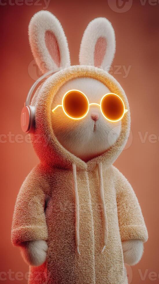 Cute rabbit wearing sunglasses and headphones in a cozy setting with an orange glow photo
