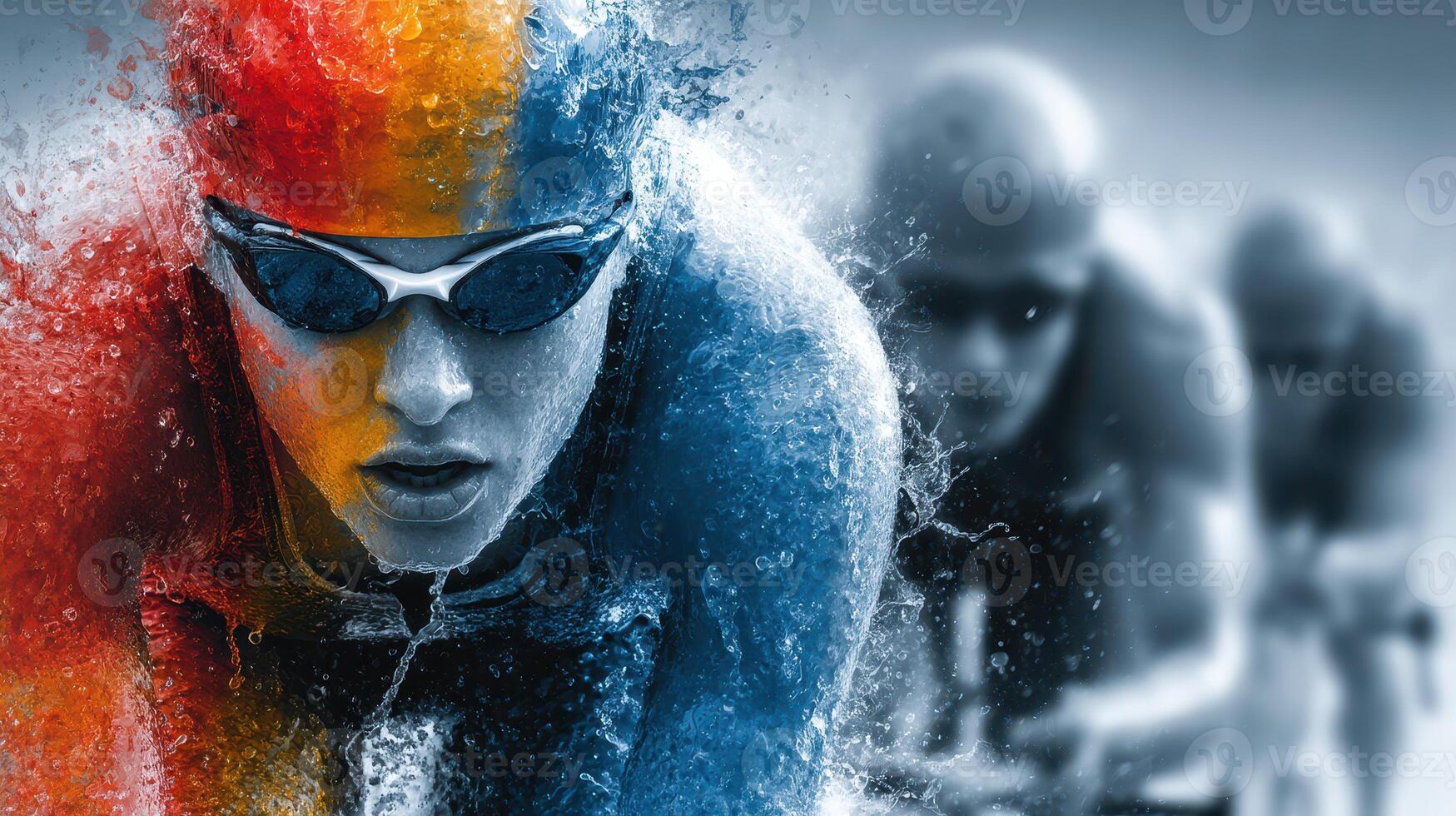 Colorful athlete swimming in triathlon competition with competitors visible in the background photo