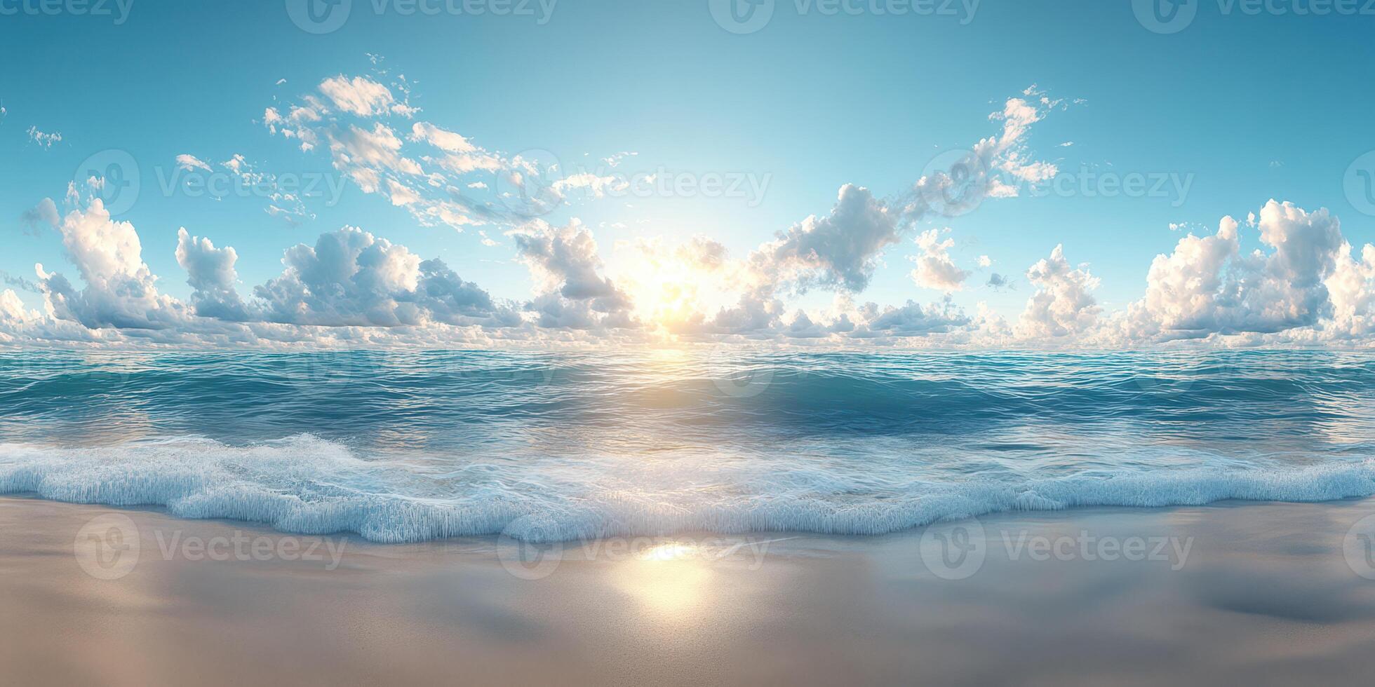 Sunrise over the calm ocean with gentle waves and fluffy clouds in a serene sky photo
