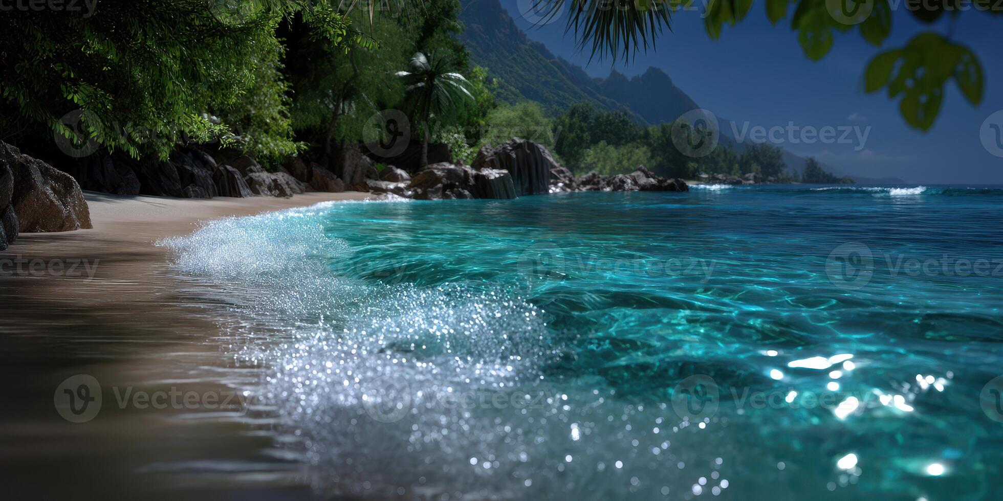 Stunning beach view with clear turquoise water and gentle waves under the moonlight near lush greenery and mountains photo