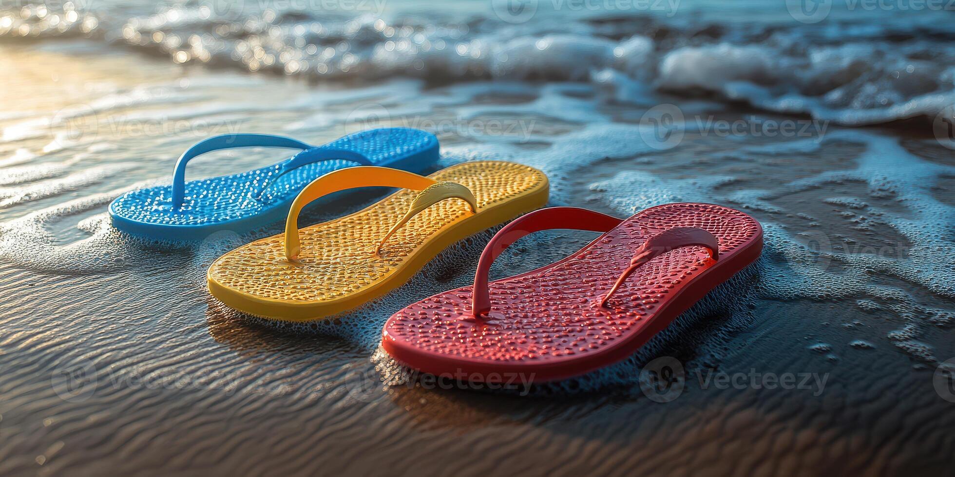 Colorful flip flops resting on a sandy beach as waves gently wash ashore during sunset photo
