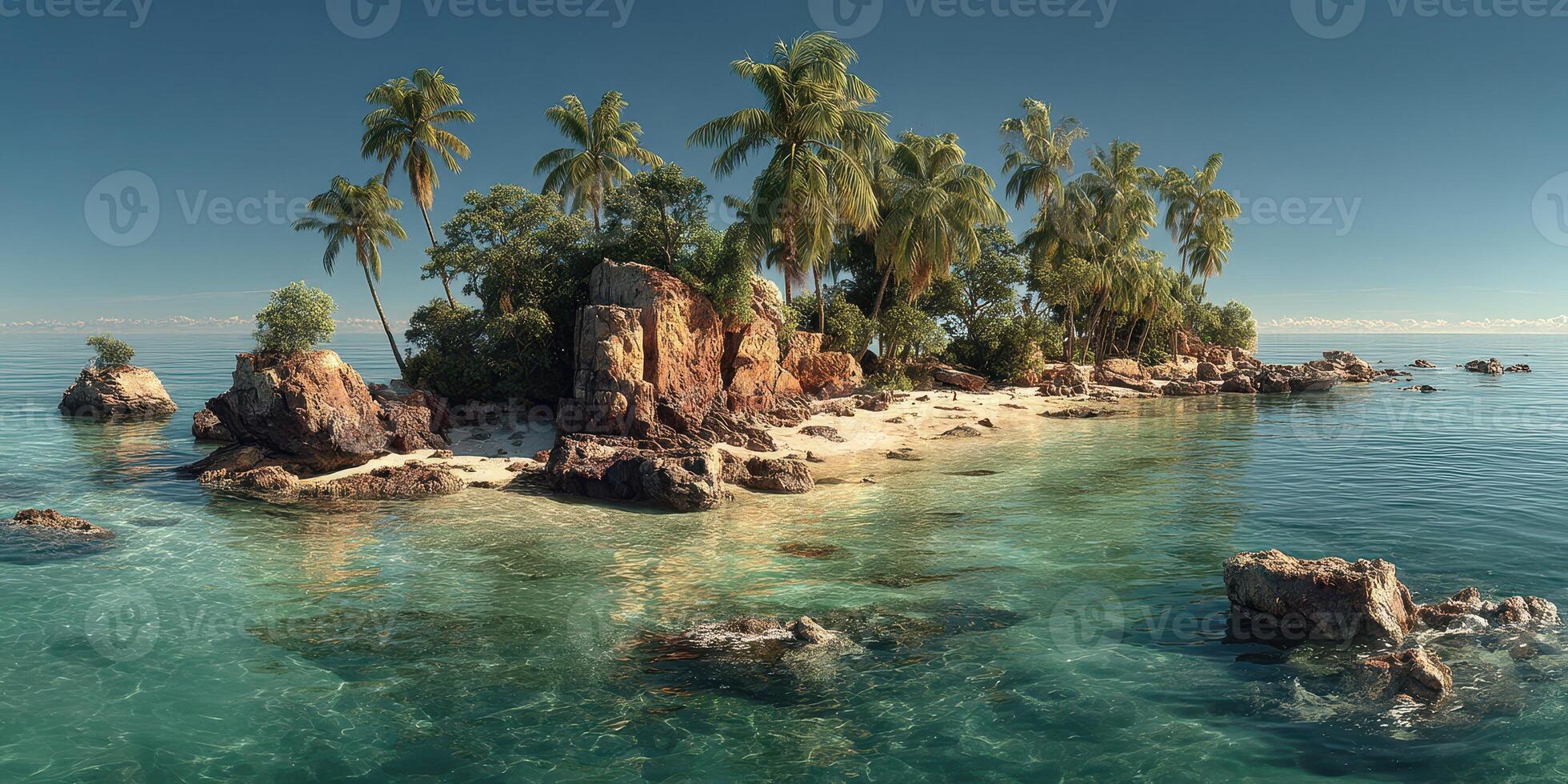 Tropical island paradise with clear waters and lush palm trees on a sunny day photo