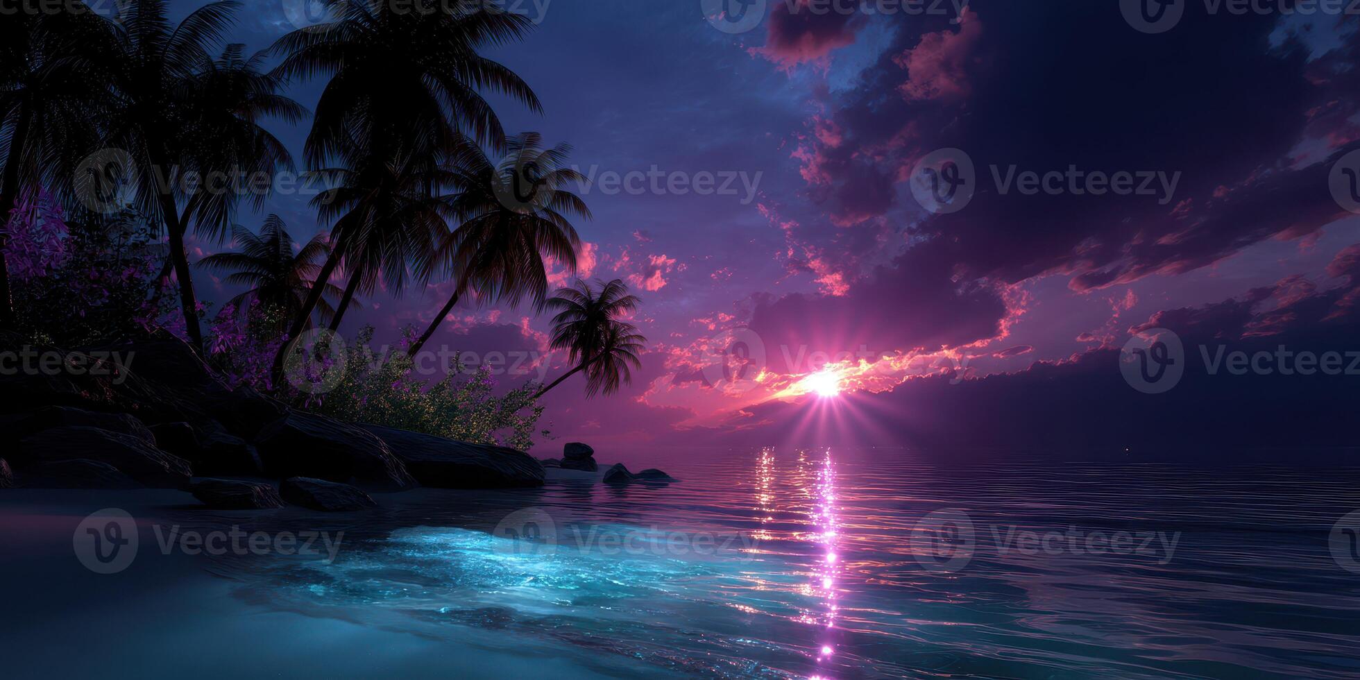 Vibrant sunset over tranquil ocean with palm trees illuminated by fading light photo