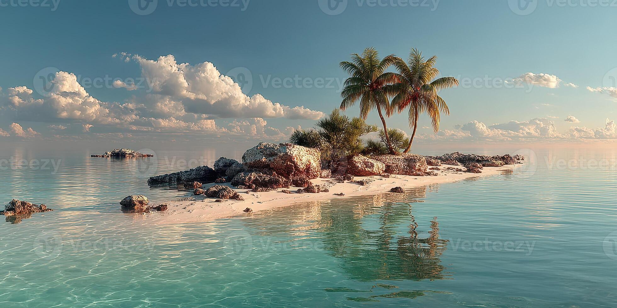 Tranquil tropical island with palm trees under a bright sky and calm waters at sunset photo