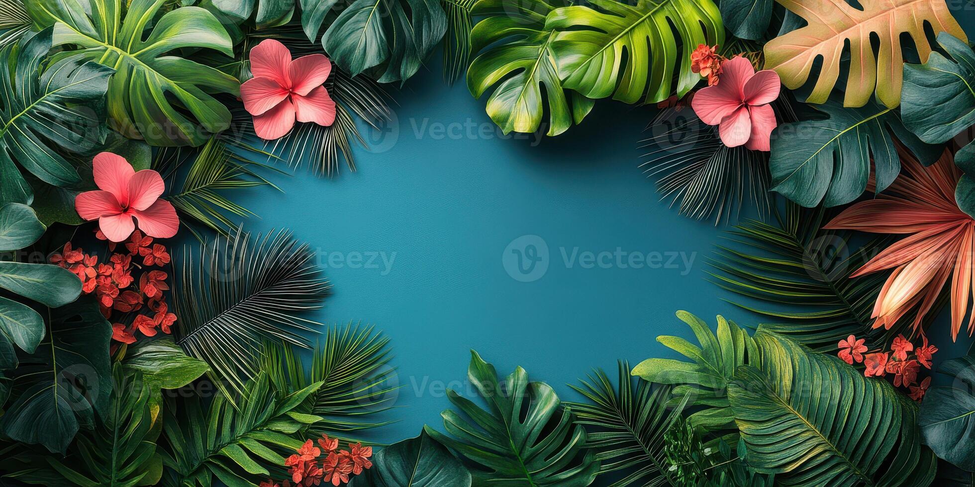 Vibrant tropical foliage with colorful flowers creating a lively border on a blue background photo