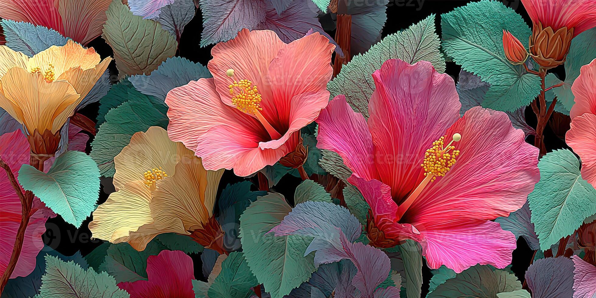 Vibrant hibiscus blossoms in various colors against a dark background showcasing intricate details and textures photo