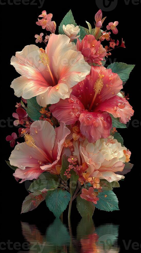Vibrant arrangement of hibiscus and floral elements in lush colors set against a dark background photo
