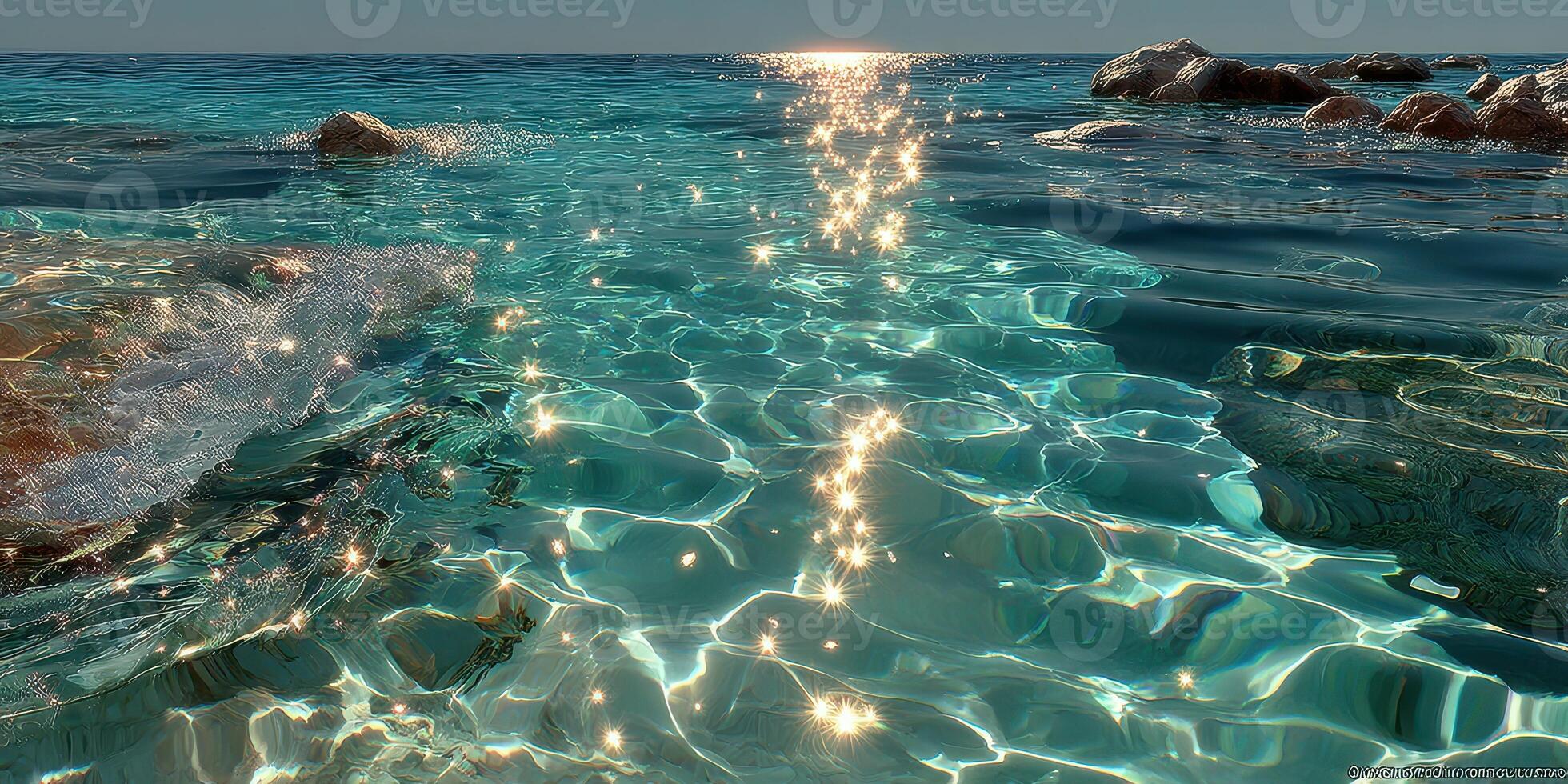 Bright sun reflection creates sparkling patterns on clear ocean water in a serene coastal scene photo