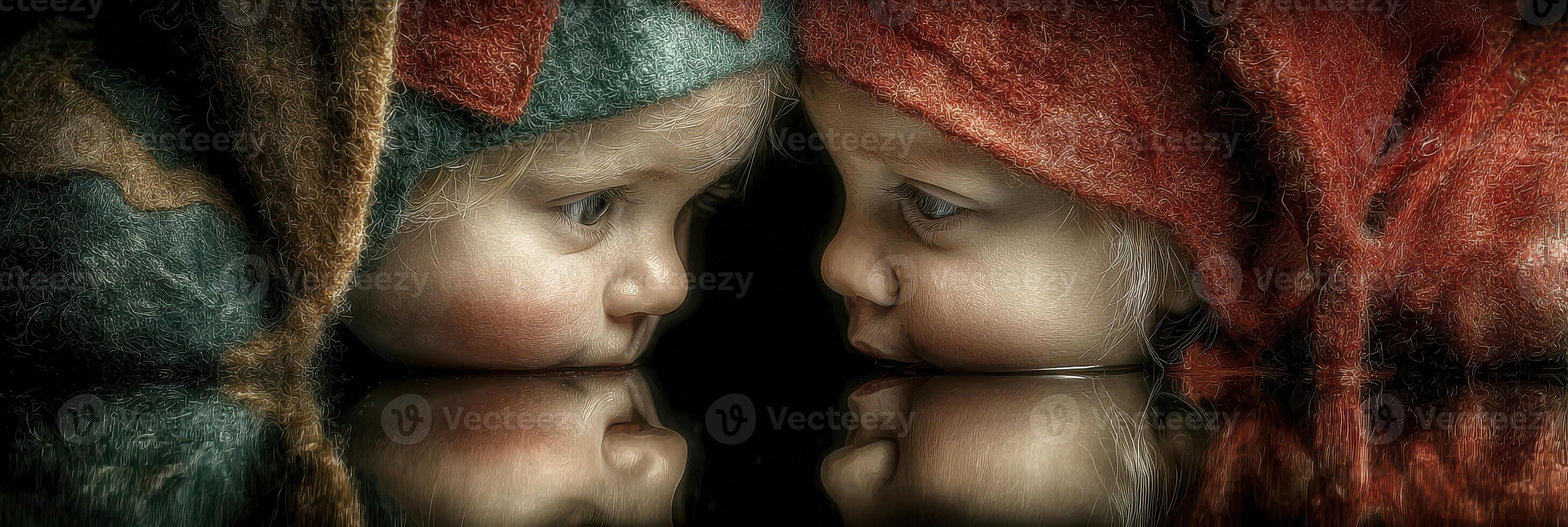 Two children in colorful hats gaze into the mirror as reflections create a captivating and intimate moment photo