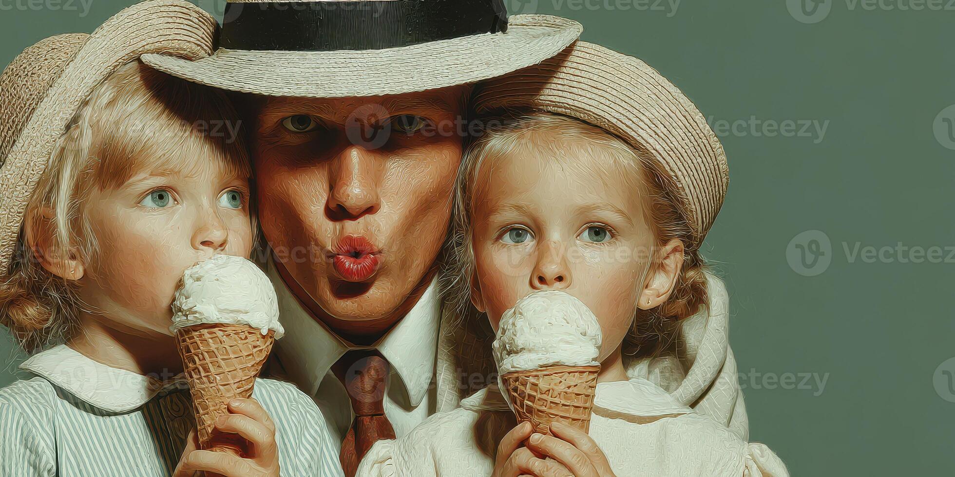 Smiling man enjoys ice cream cones with two young girls on a sunny day in a playful outdoor setting photo