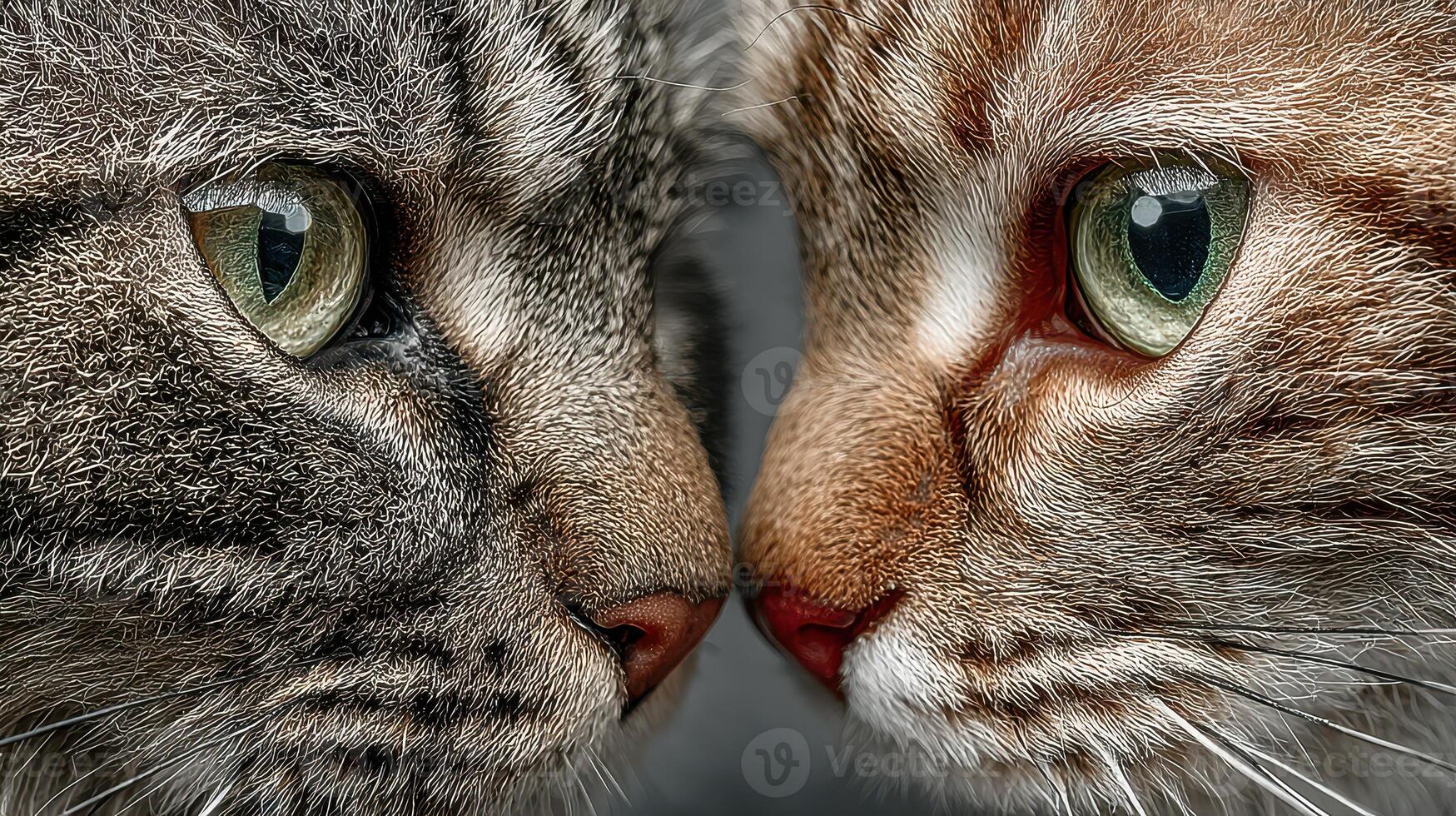 Two cats face each other with intense expressions in close proximity showcasing their striking features and colors photo