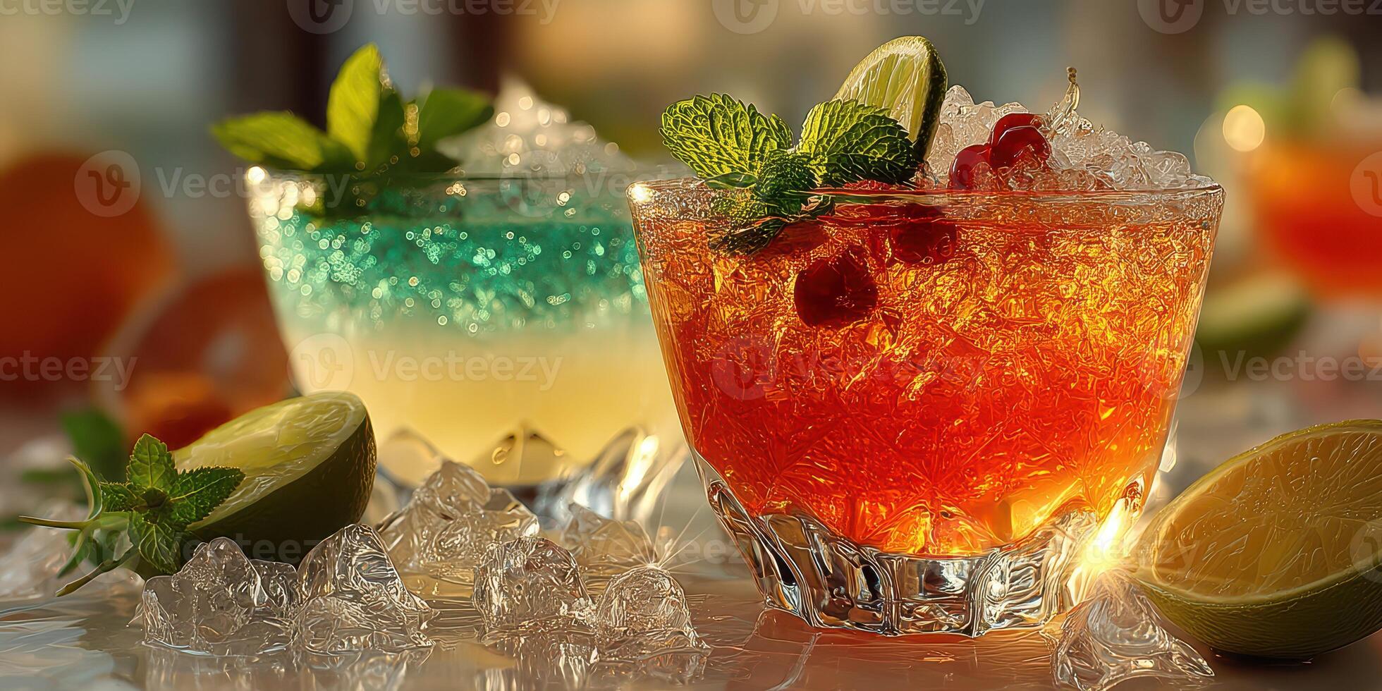 Colorful cocktails served in elegant glasses with ice and garnishes during a summer gathering photo