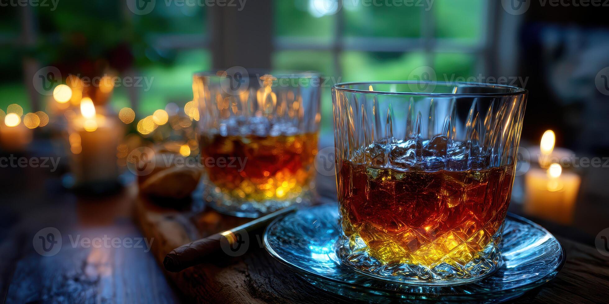 Enjoying fine whiskey on a cozy evening with soft candlelight illuminating the room photo