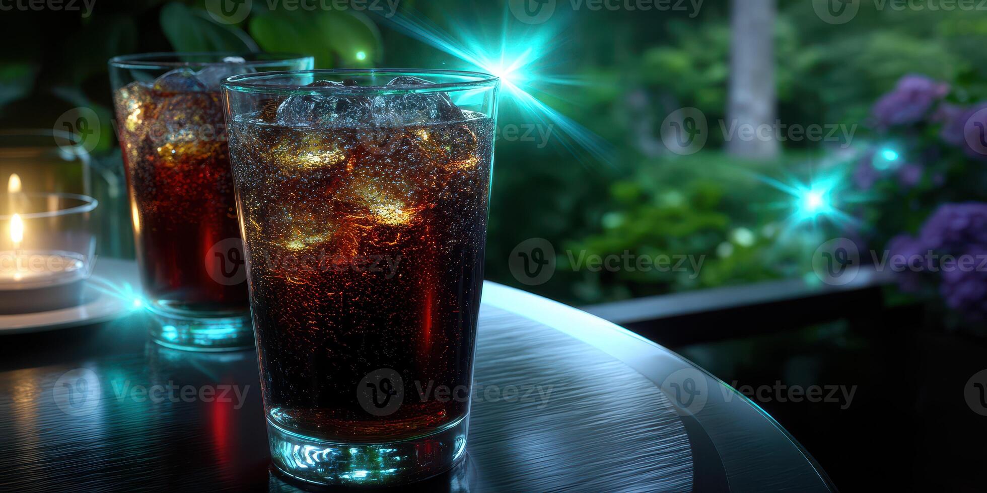 Refreshing drinks served outdoors in a serene garden setting during the evening hours with ambient lighting photo