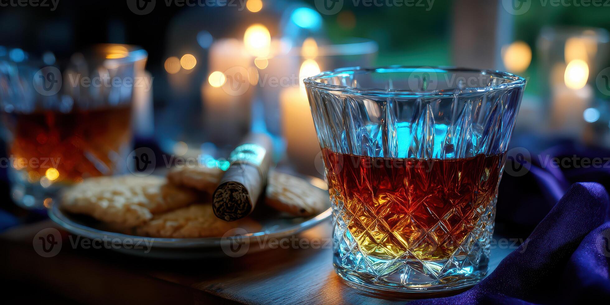 Elegant setting with whiskey, cookies, and a cigar illuminated by soft candlelight in a relaxed atmosphere photo