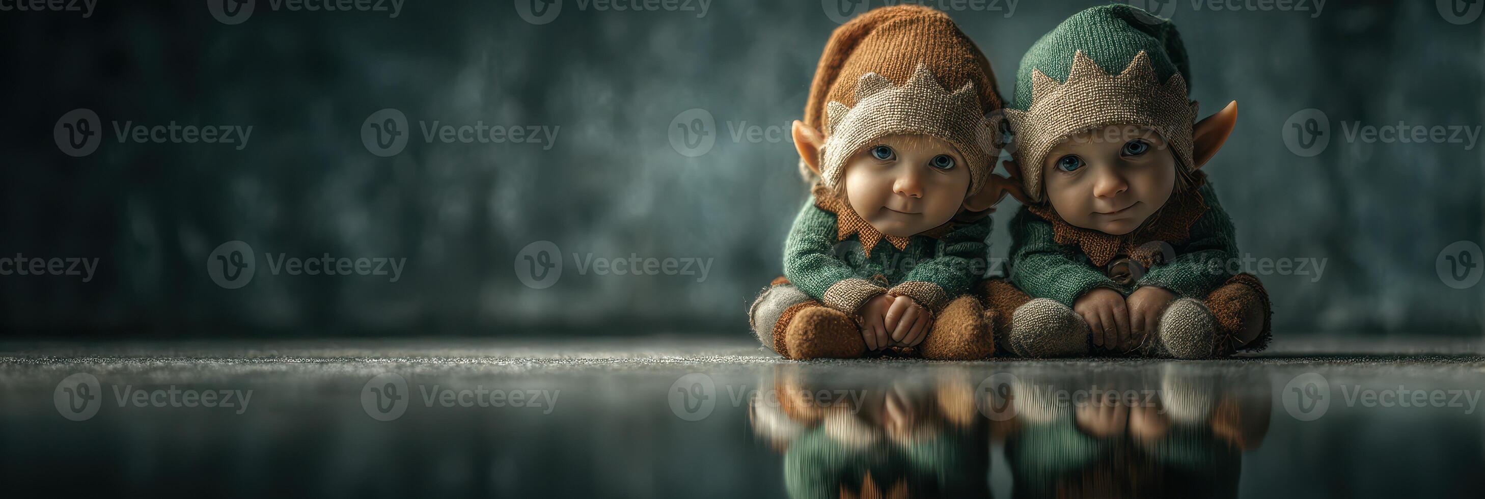 Two cheerful elves seated on a reflective surface in a magical, dimly lit environment photo