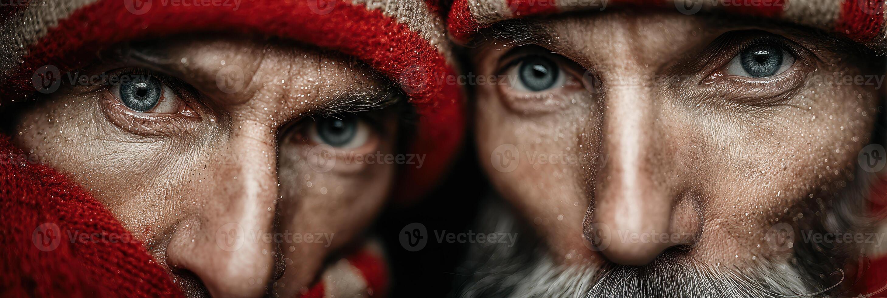 Close-up of two men with distinct features and expressions under cozy wool hats in winter setting photo