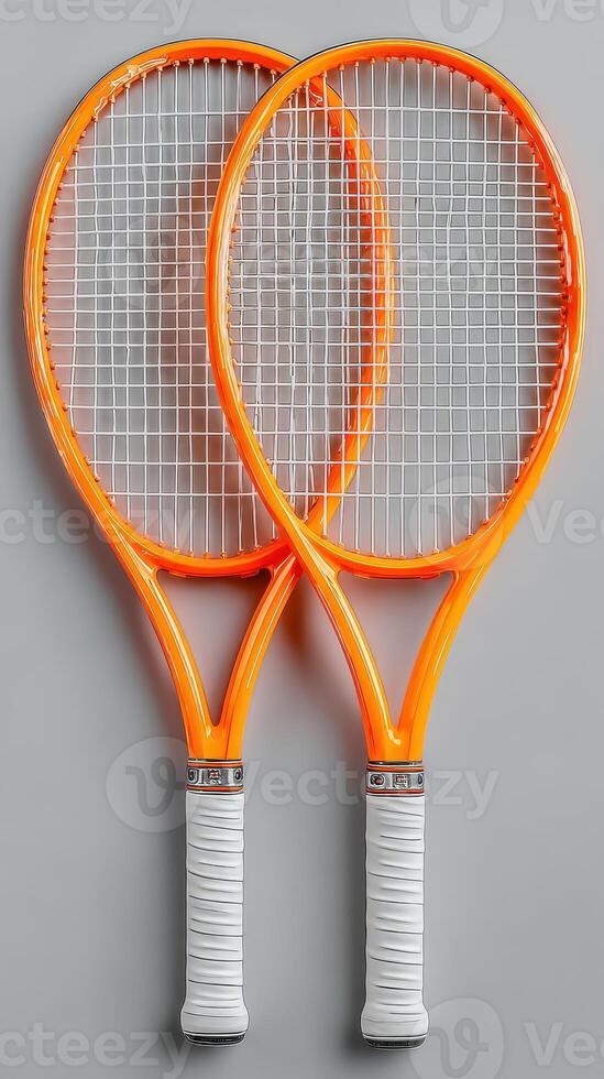 Two vibrant orange tennis rackets positioned on a neutral background ideal for sports apparel and equipment promotions photo