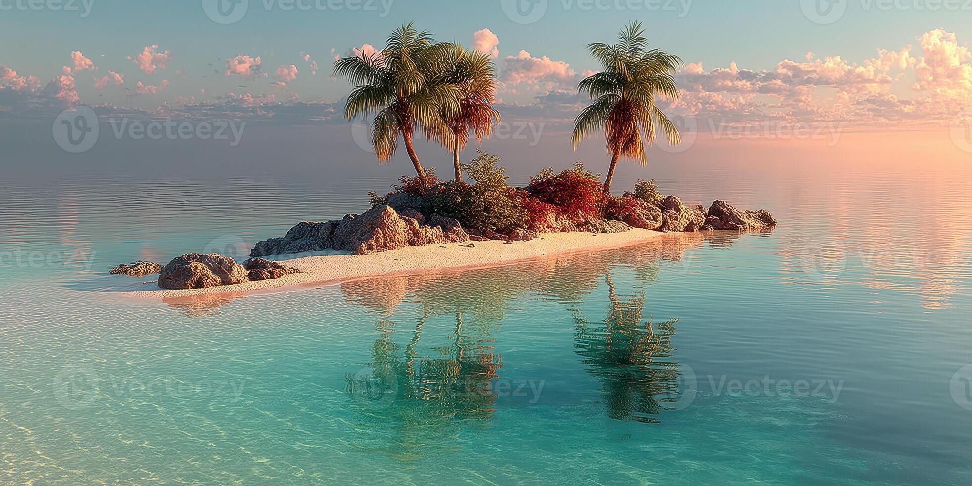 Serene tropical island with palm trees under a vibrant sunset sky reflecting in calm turquoise waters photo