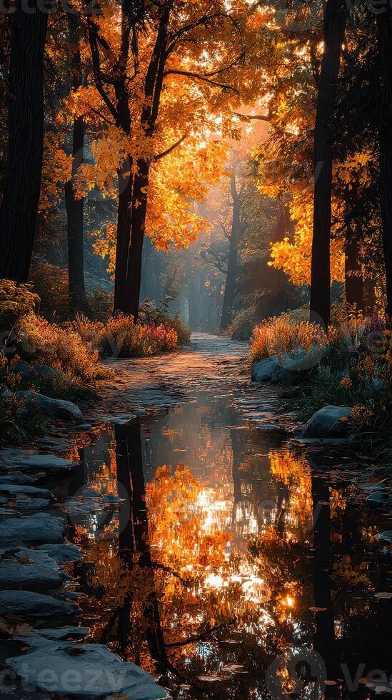 Autumn foliage reflects in serene waterway at dawn in tranquil forest photo