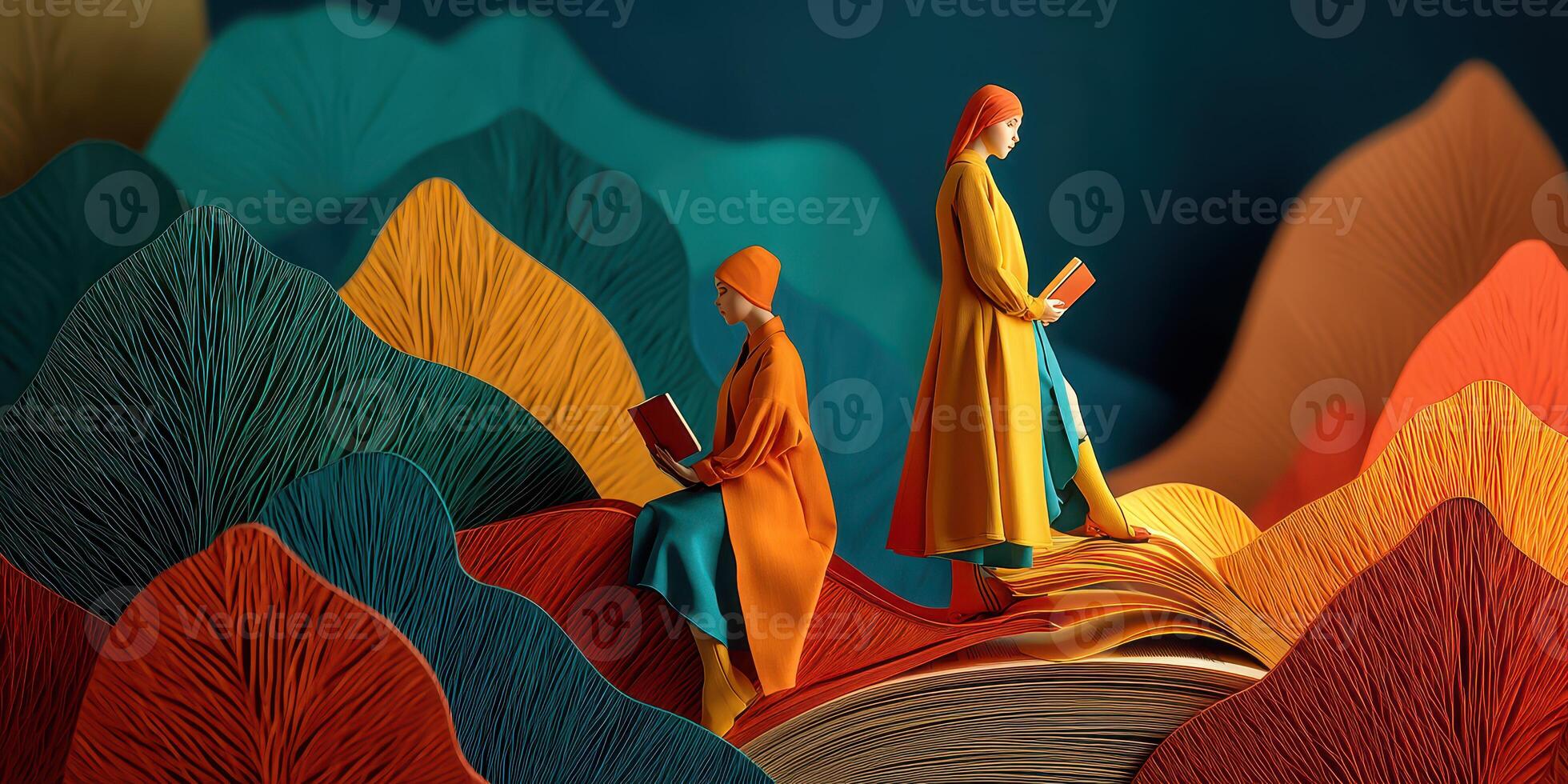 Colorful paper sculptures of two figures reading books in an artistic landscape during daylight photo