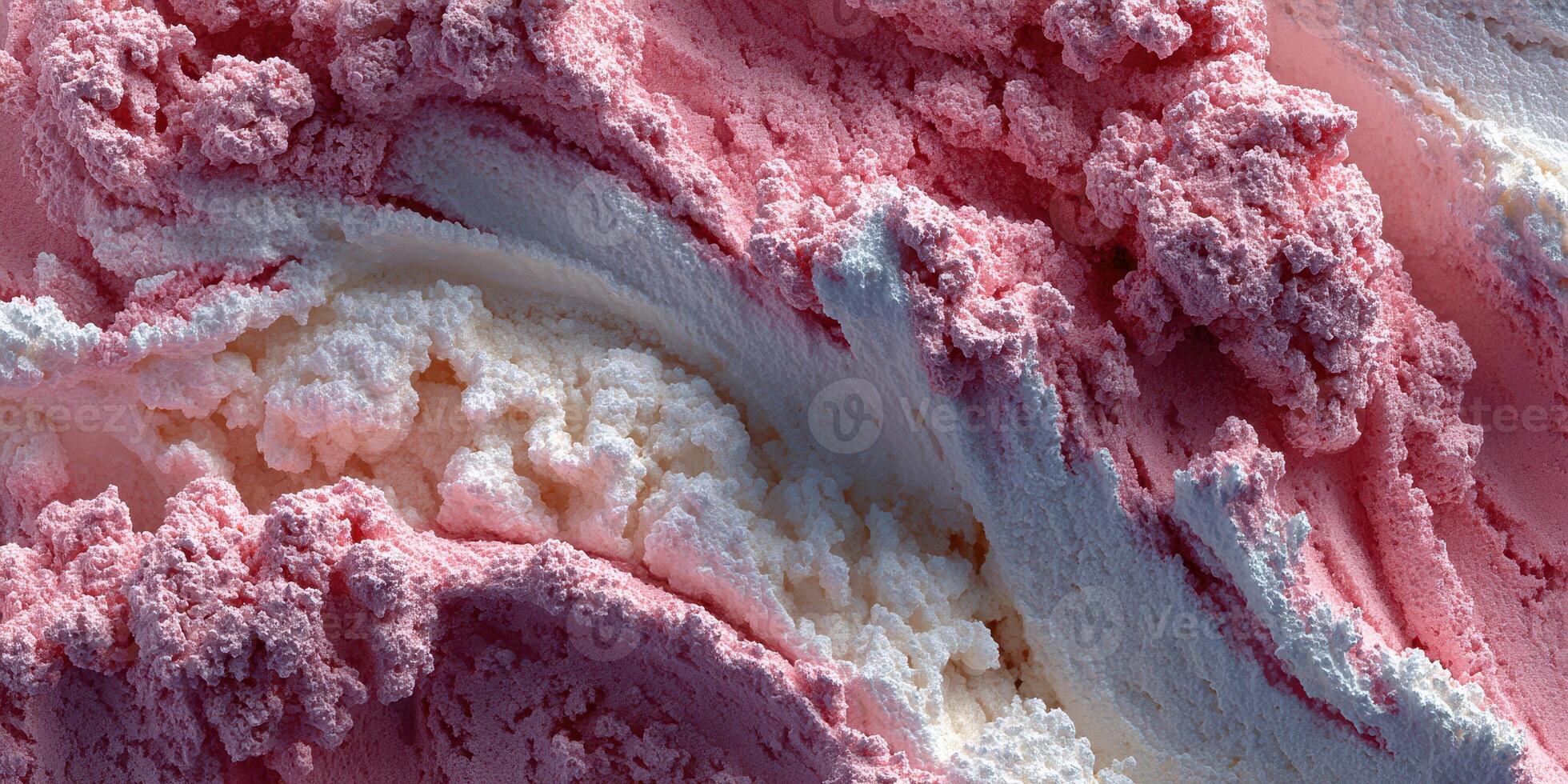 Swirls of pink and white ice cream showcasing a creamy texture in a dessert display photo