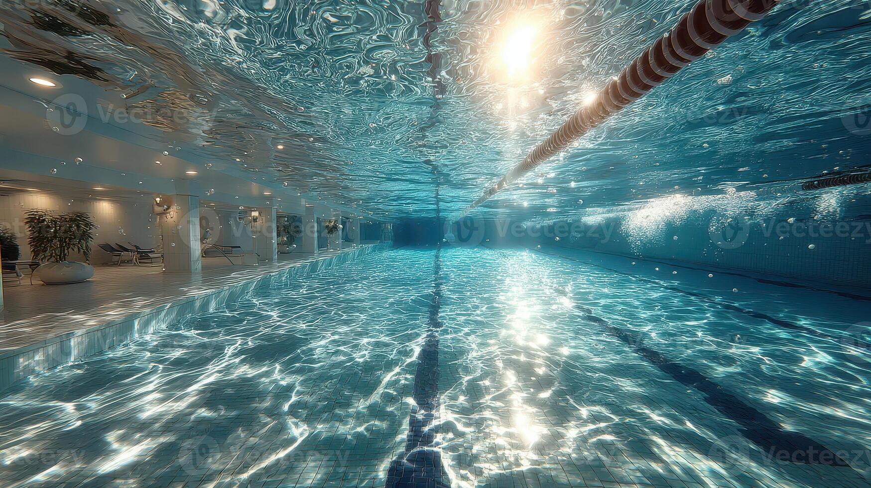 Indoor swimming pool illuminated by sunlight with clear blue water and reflections in a serene environment photo