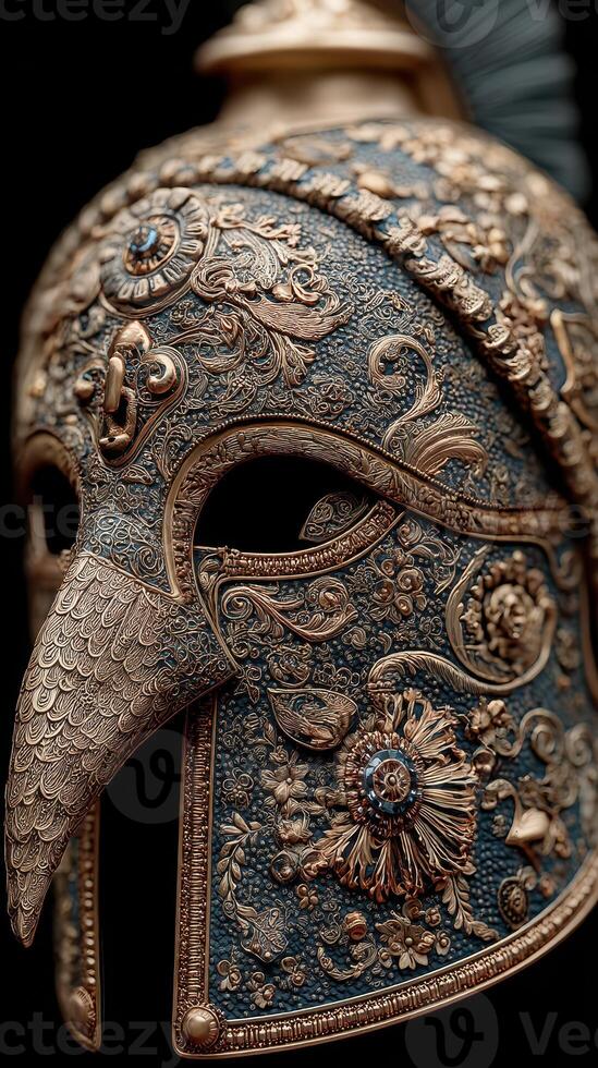 Exquisite ornately designed Greek helmet showcasing intricate craftsmanship and historical significance photo