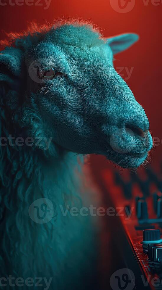Sheep interacts with a music mixer in a creatively lit studio environment photo