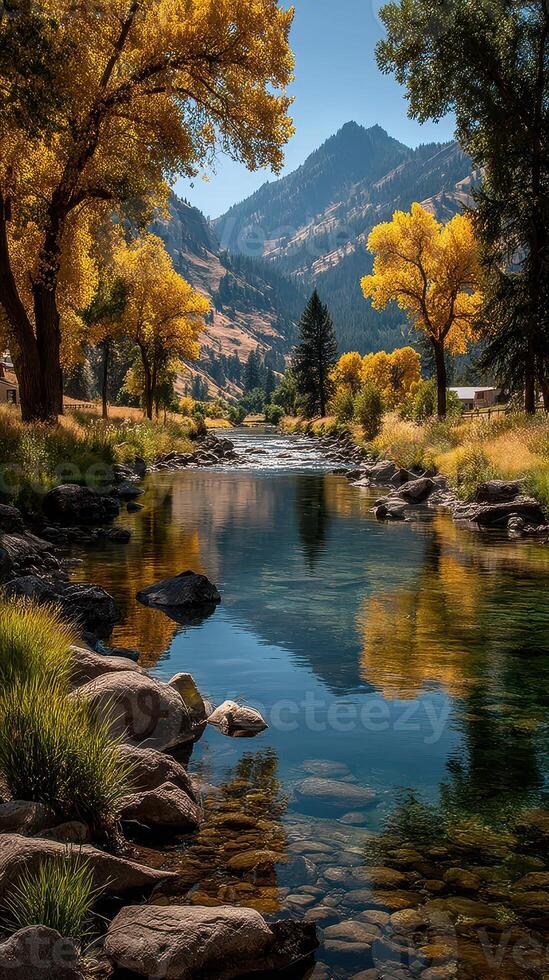 Scenic view of a serene river surrounded by vibrant autumn trees in a mountainous landscape during a sunny day photo