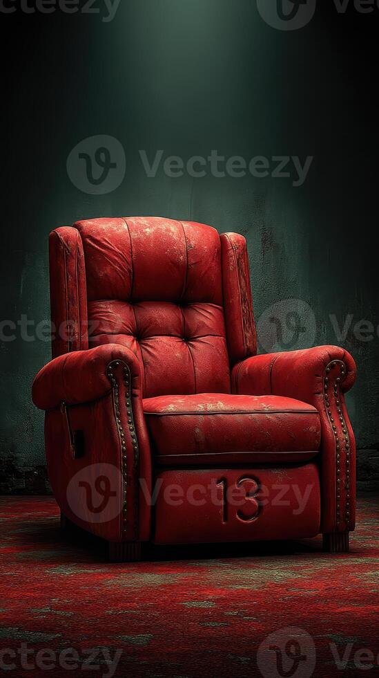 Red recliner chair with number 13 in a dimly lit room highlighting worn textures and dramatic shadows photo