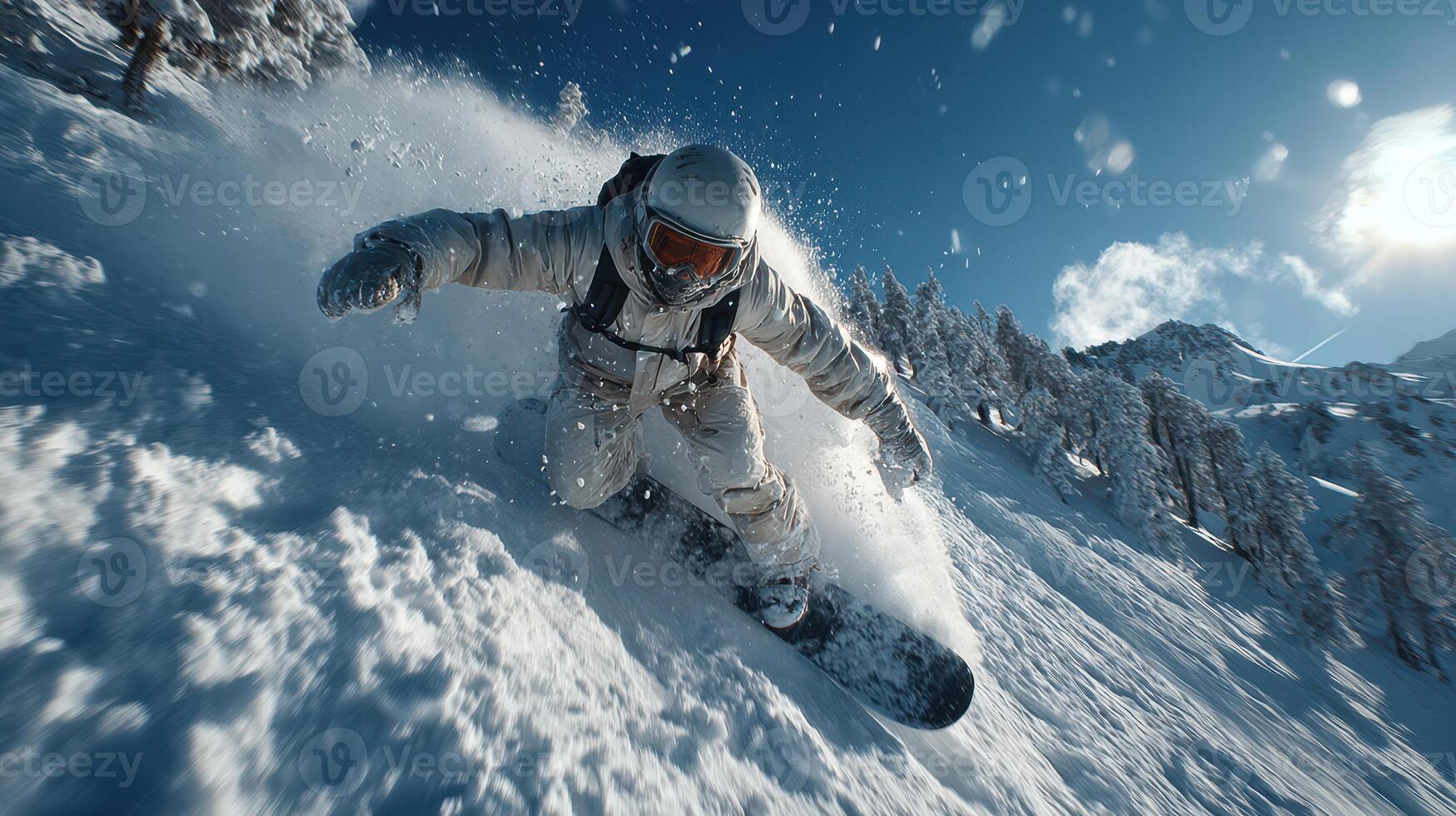 Snowboarder carving through fresh powder on a sunny mountain slope with a breathtaking backdrop of peaks photo