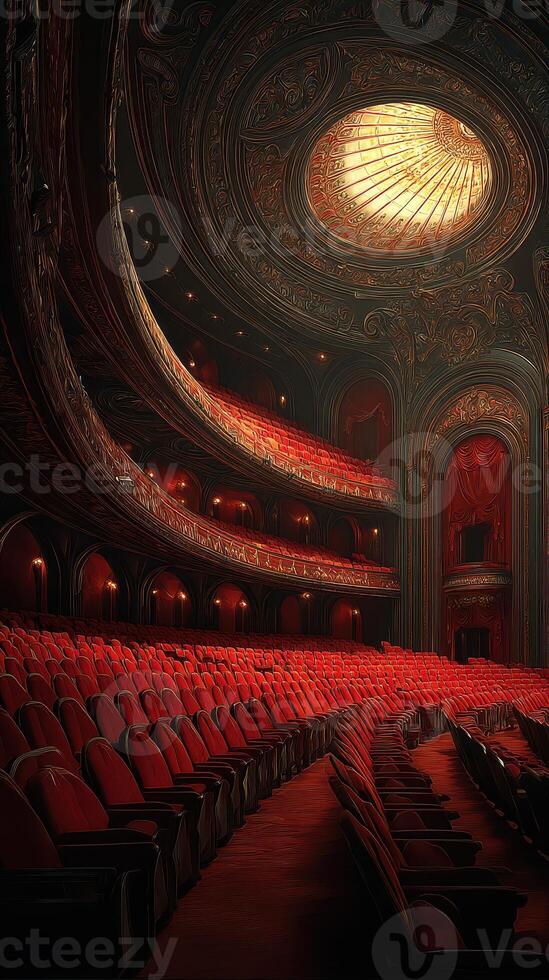 Majestic theater interior showcasing ornate design and plush red seating before a performance begins photo
