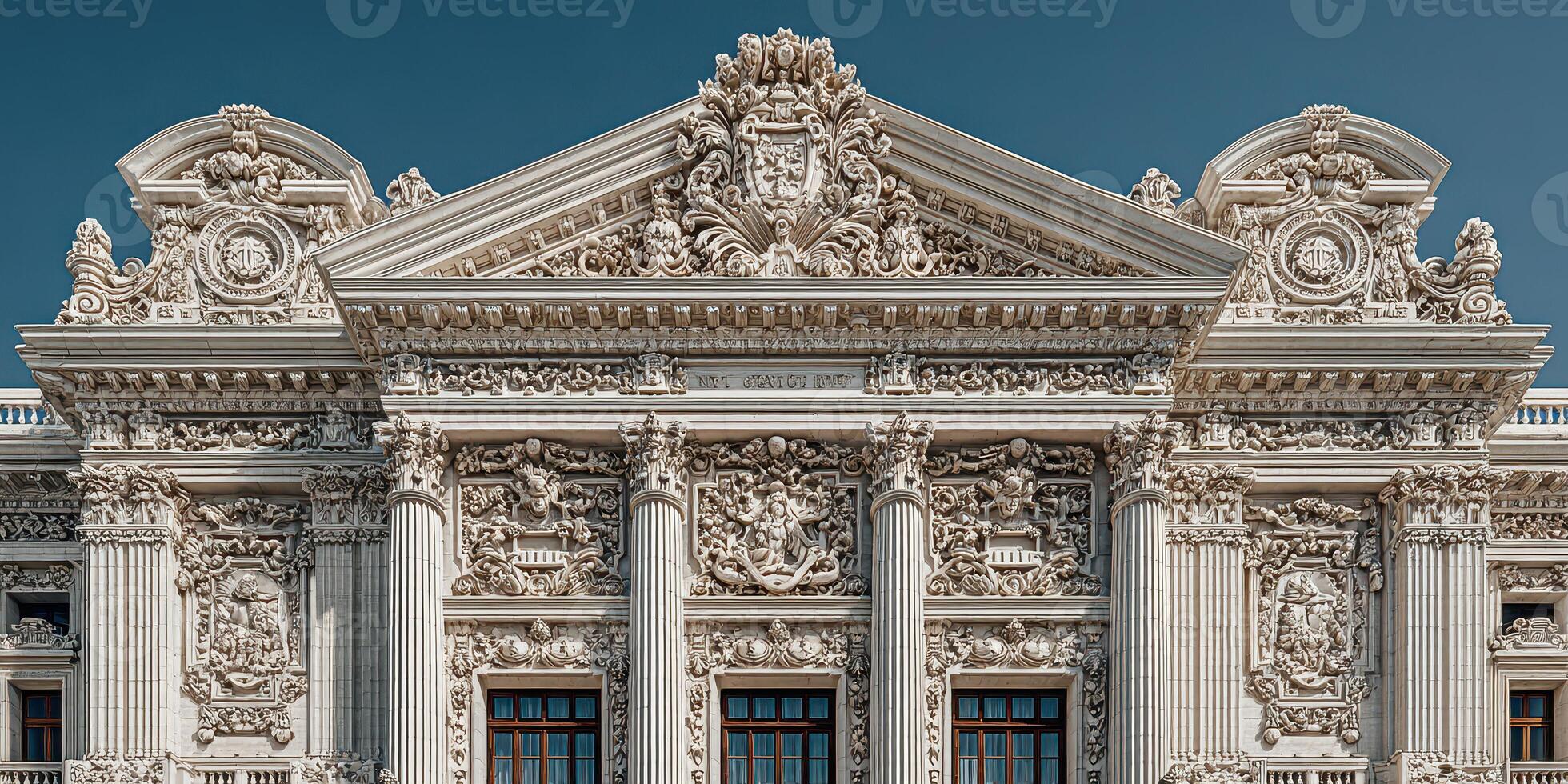 Exquisite architectural details of a historic building in bright sunlight with intricate designs and carvings photo