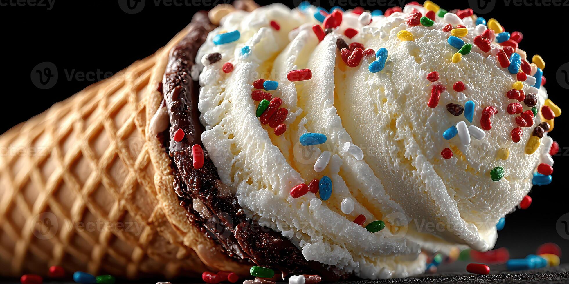 Brightly colored ice cream cone topped with soft serve and sprinkles served in a waffle cone photo