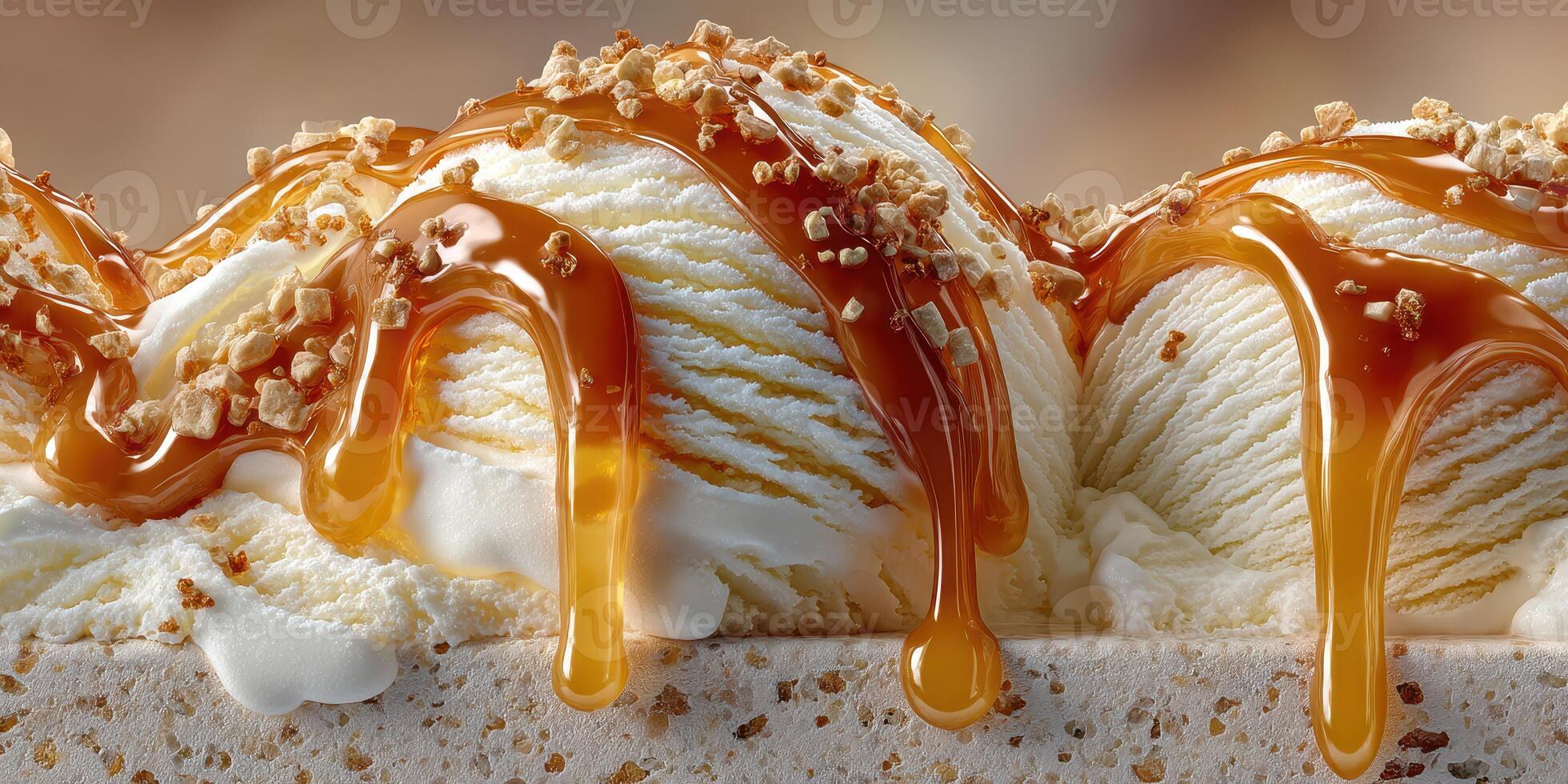 Creamy ice cream topped with rich caramel drizzle and crunchy nuts served in a dessert bowl on a table photo