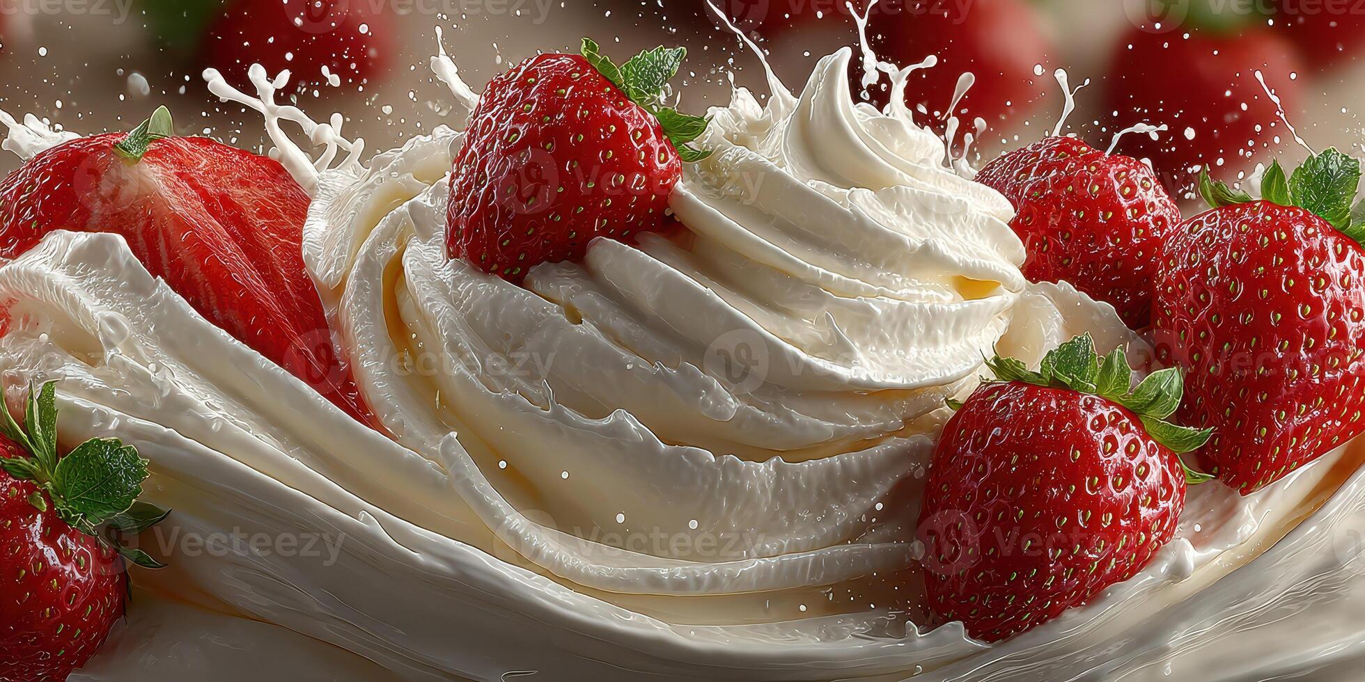 Delicious dessert topped with fresh strawberries and whipped cream showcases summer flavors at a local cafe photo