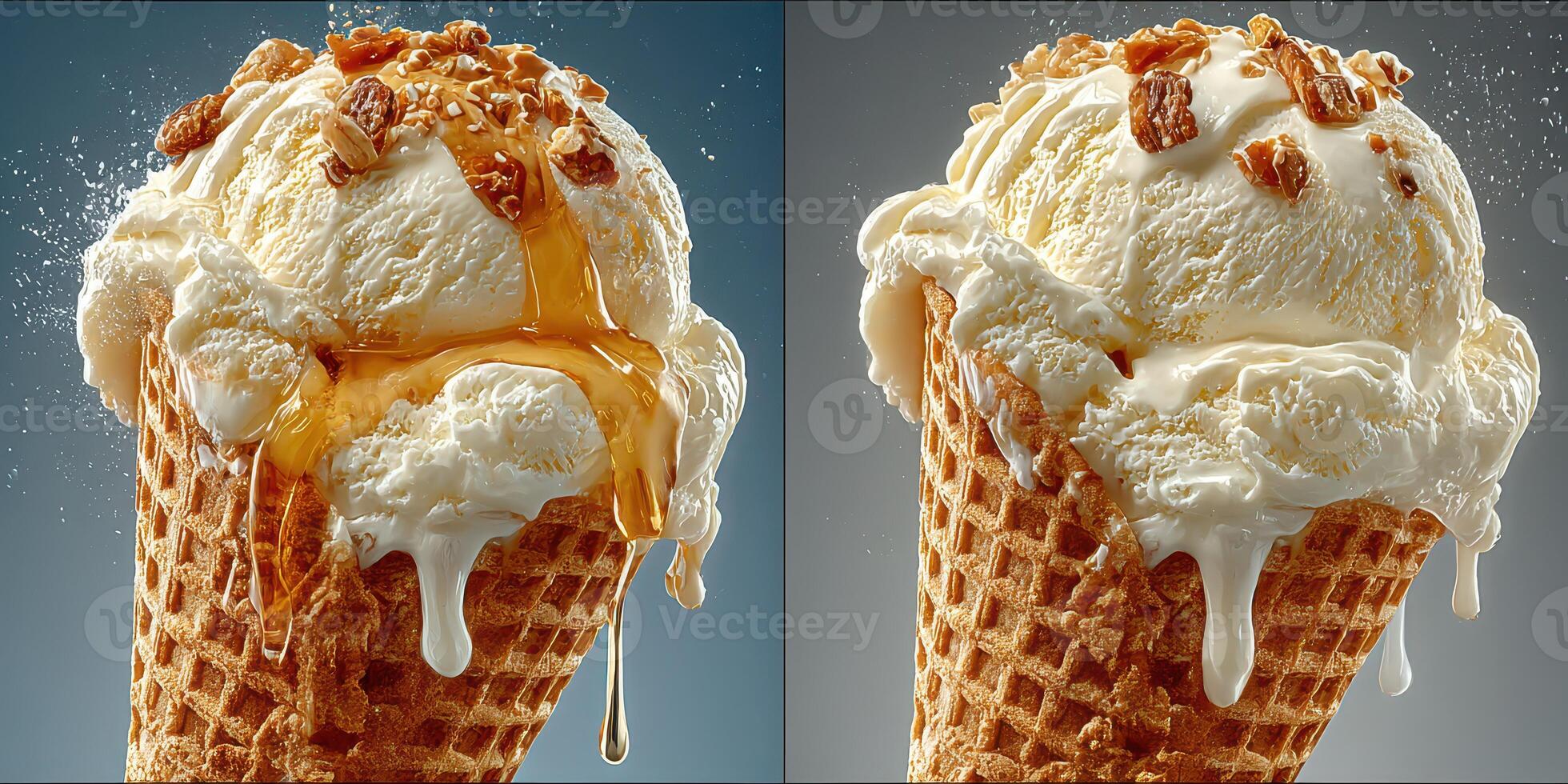 Delicious ice cream cones with syrup and toppings dripping during summer delight photo