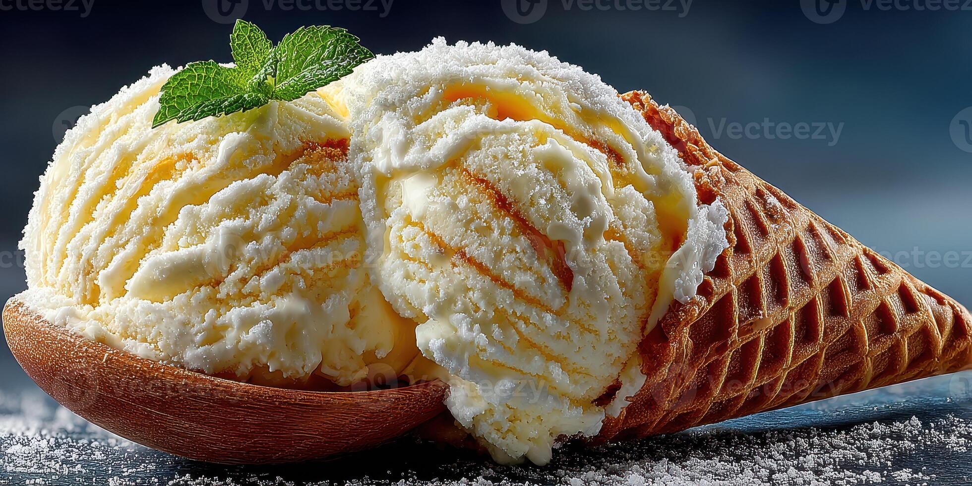 Delicious creamy vanilla ice cream served in a waffle cone with mint leaf garnish on a cool surface photo