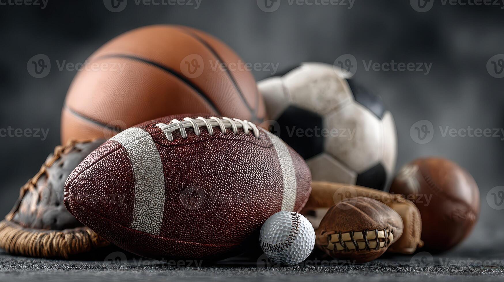 Diverse collection of sports balls displayed on a textured surface highlighting various popular sports photo