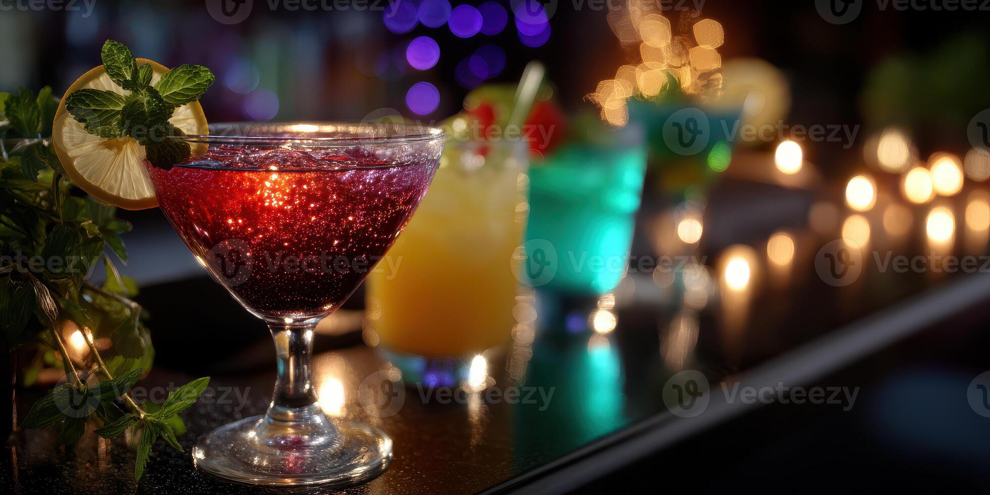 Colorful cocktails displayed on a bar counter during a lively evening at a bar with ambient lights photo