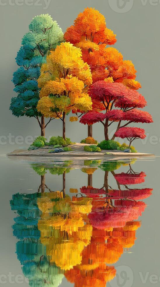Brightly colored trees reflect on calm water creating a serene autumn landscape in a tranquil setting photo