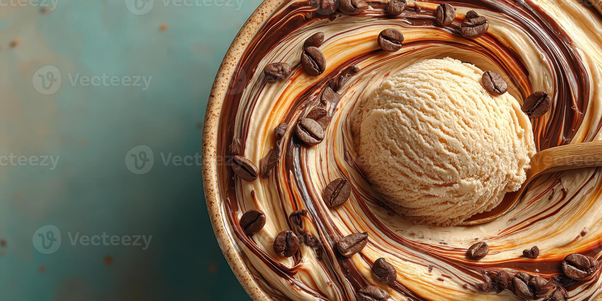 Creamy coffee ice cream swirled with chocolate and coffee beans in a bowl photo