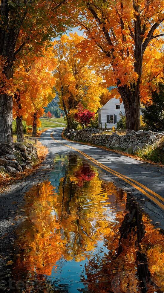 Vibrant autumn colors reflect on a winding road through a serene landscape in a rural setting during early morning photo