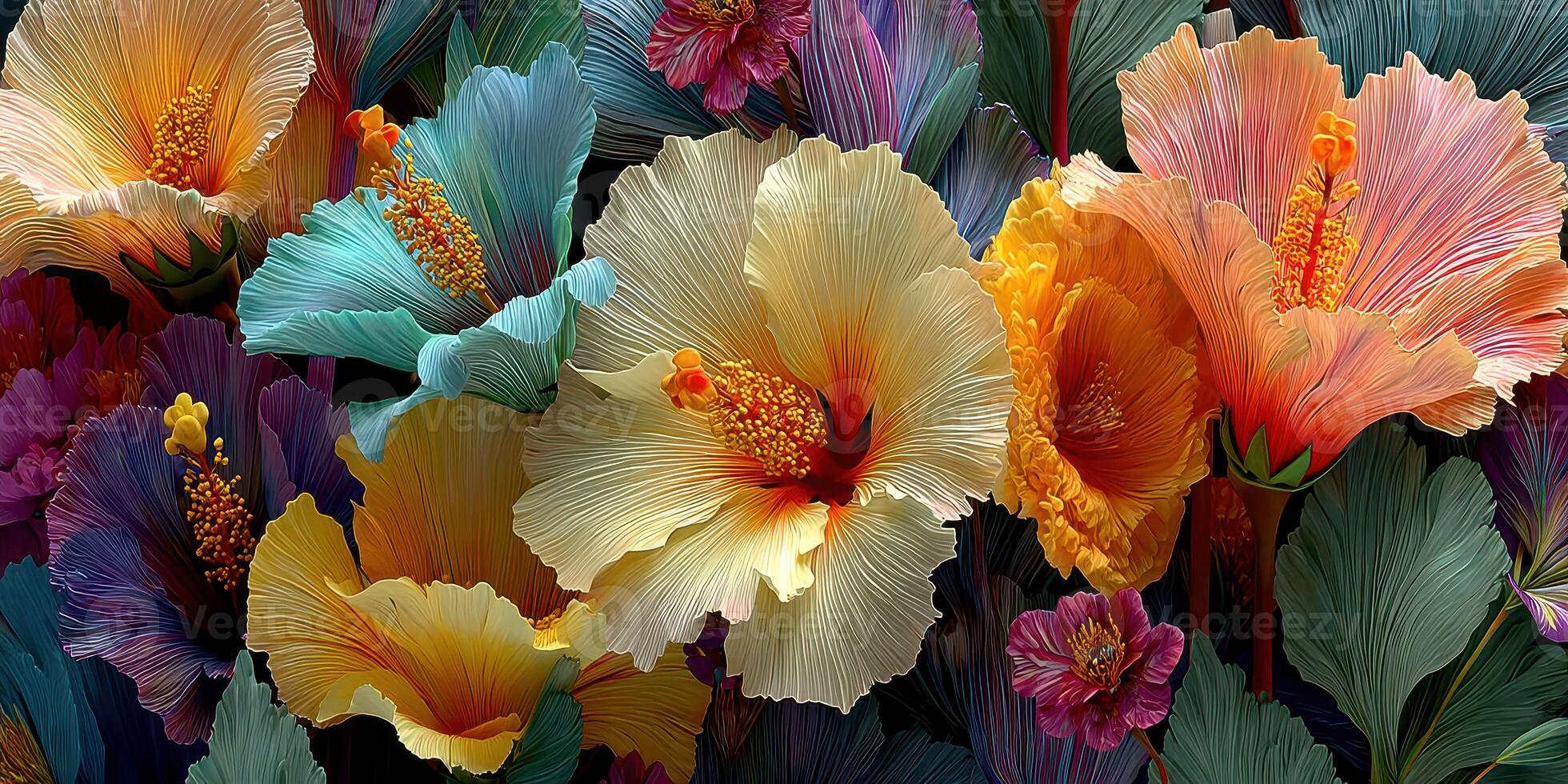 Vibrant display of colorful hibiscus flowers in a lush tropical setting during midday photo