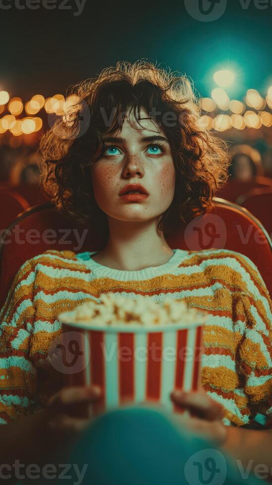 Watching a movie while enjoying popcorn in a cozy theater with warm lighting in the background photo