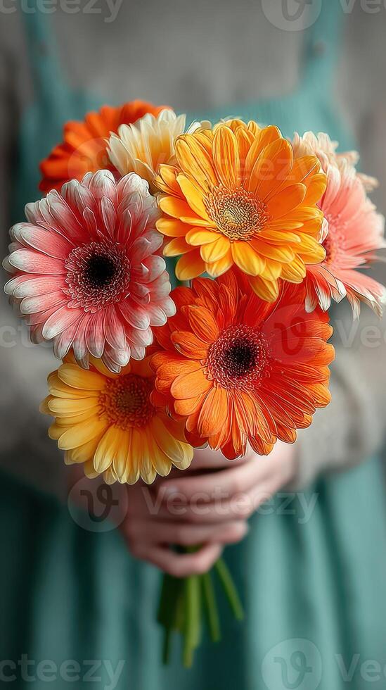 Colorful bouquet of gerbera daisies held by a person wearing an apron in a cozy indoor setting photo