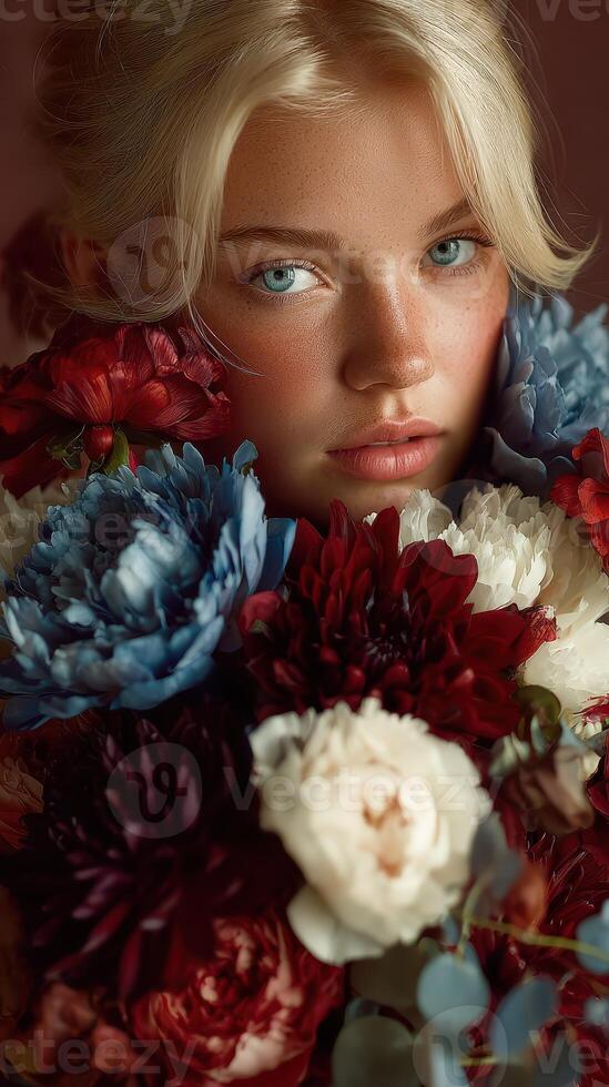 Portrait of a young woman surrounded by vibrant flowers in a soft light setting photo