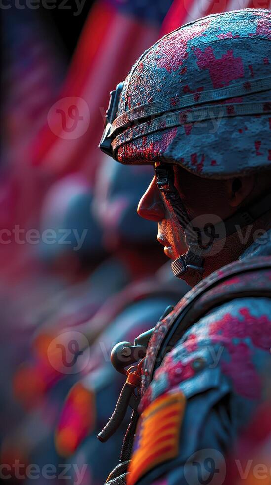 Soldiers in formation with patriotic flags during a ceremonial event at dusk in a vibrant display of unity and honor photo