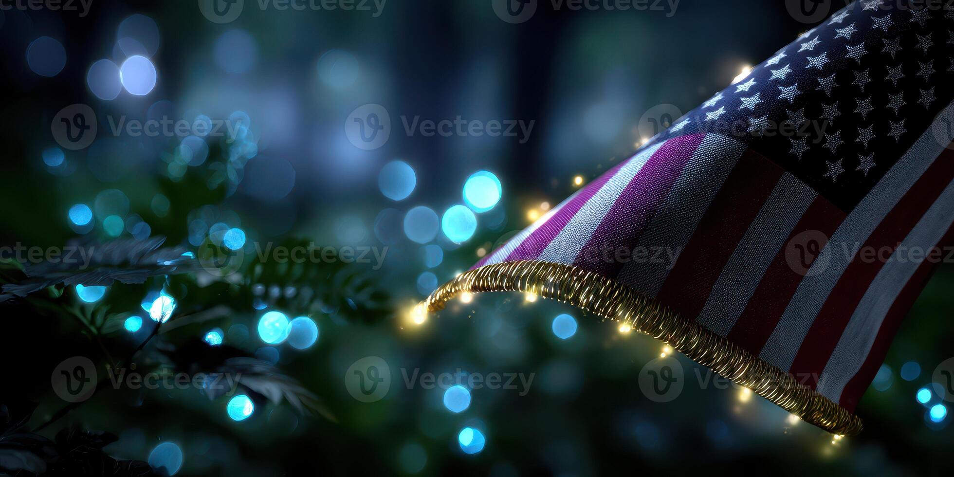 American flag illuminated by soft lights among foliage during twilight hours photo